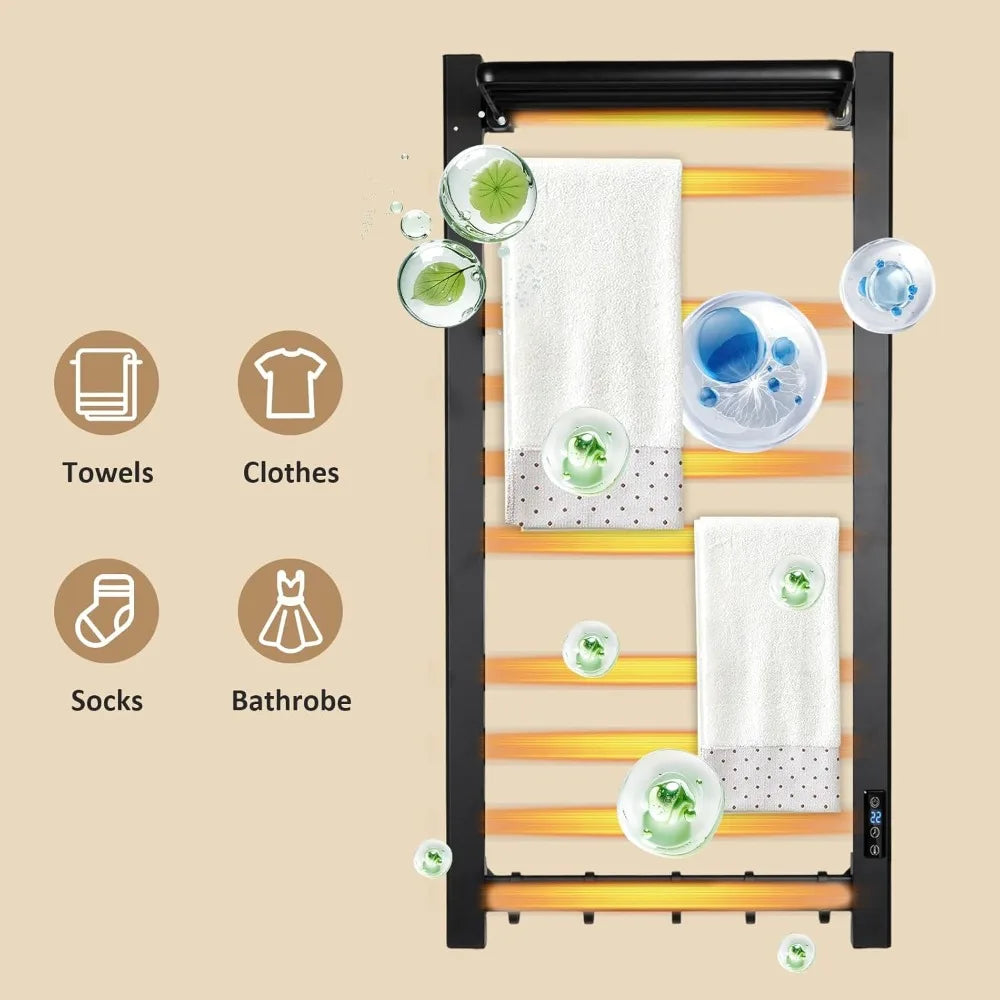 Wall-Mounted Multi-Level Adjustable Bathroom Towel Warmer with Shelf, Timer, and Temperature Control for 10 Bars