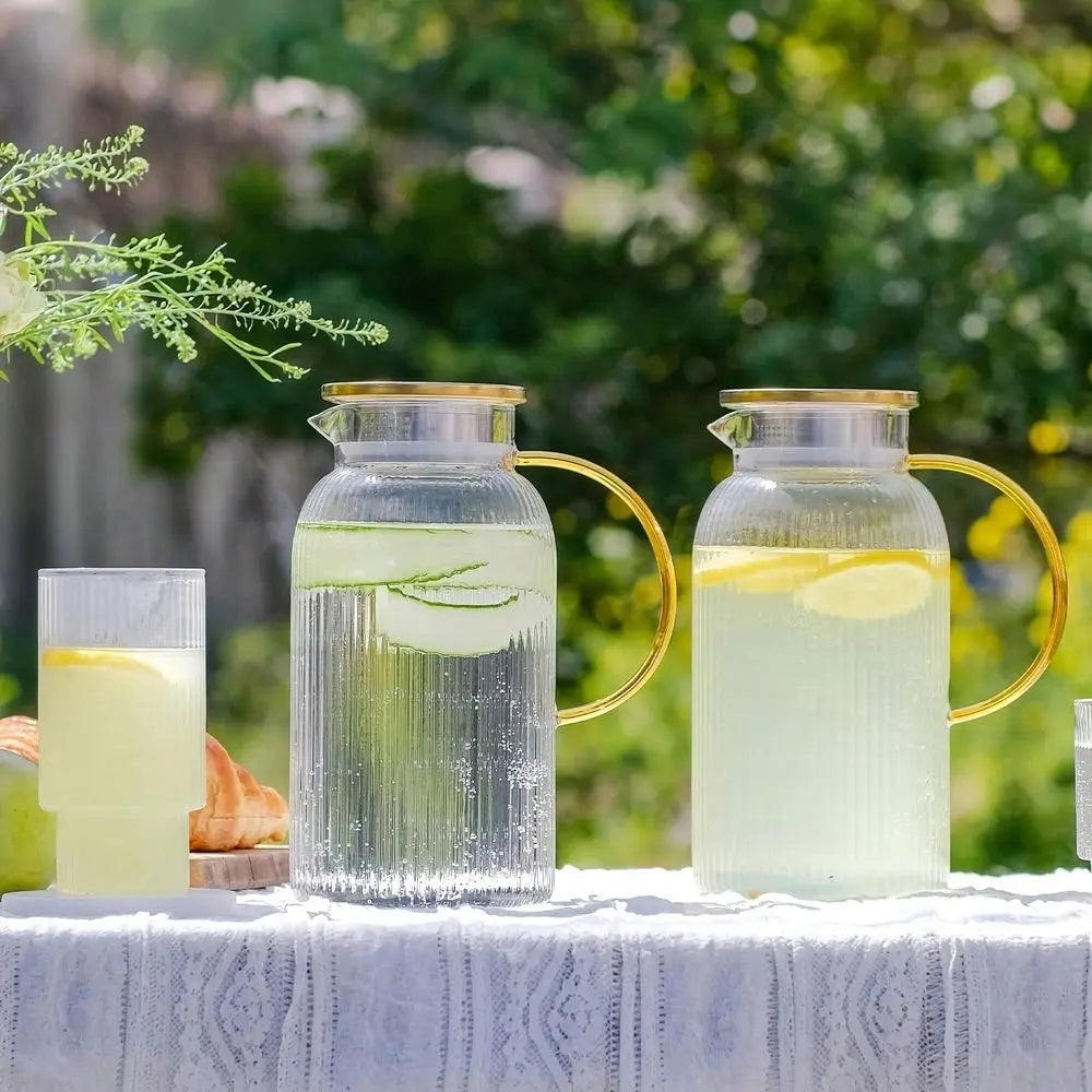 Glass Pitcher Set With Lid, 68oz Classic Vertical Stripes Water Pitcher, For Cold Brew, Coffee, Lemonade, Iced Sun Tea, Beverag