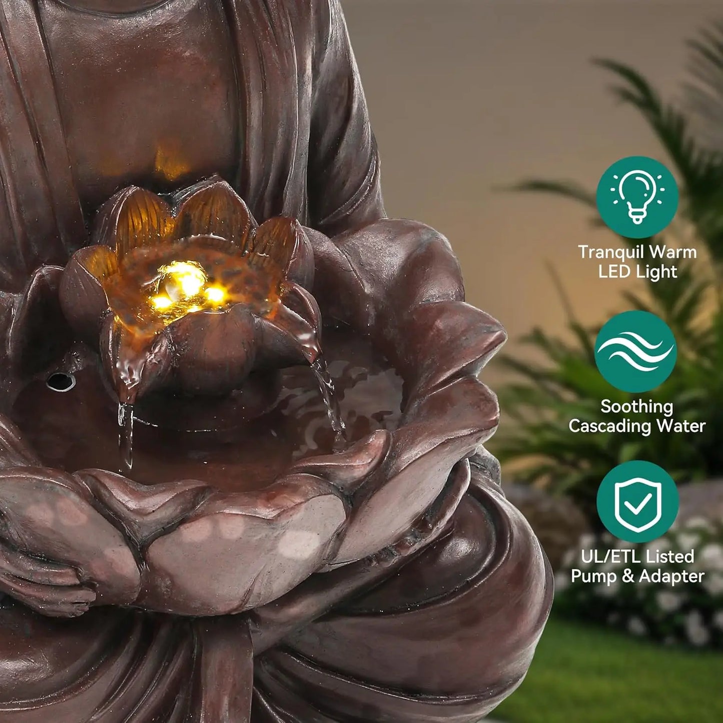 18.9" H Buddha Outdoor Water Fountain, Zen Style Garden Fountain with LED Lights and Pump, Relaxing Waterfall for Patio, Porch,