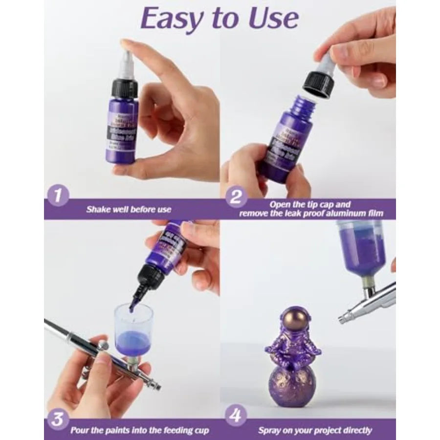 Airbrush Paint,,Airbrush Paint Set Includes Iridescent and Metallic and Neon and Classic Colors, Water-Based Air Brush Paints A
