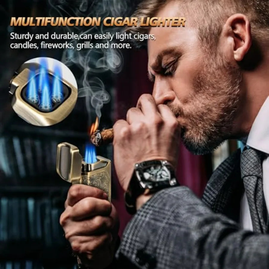 Cigar Lighter, 4 Jet Flame Torch Lighter, Refillable Butane Lighter with Cigar Cutter V Cut Cigar Punch Cigar Holder Cigar Draw