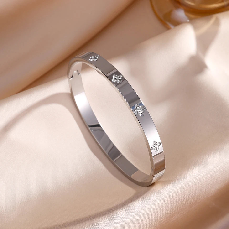 Stainless Steel Cubic Zirconia Stackable Bracelet Set For Women