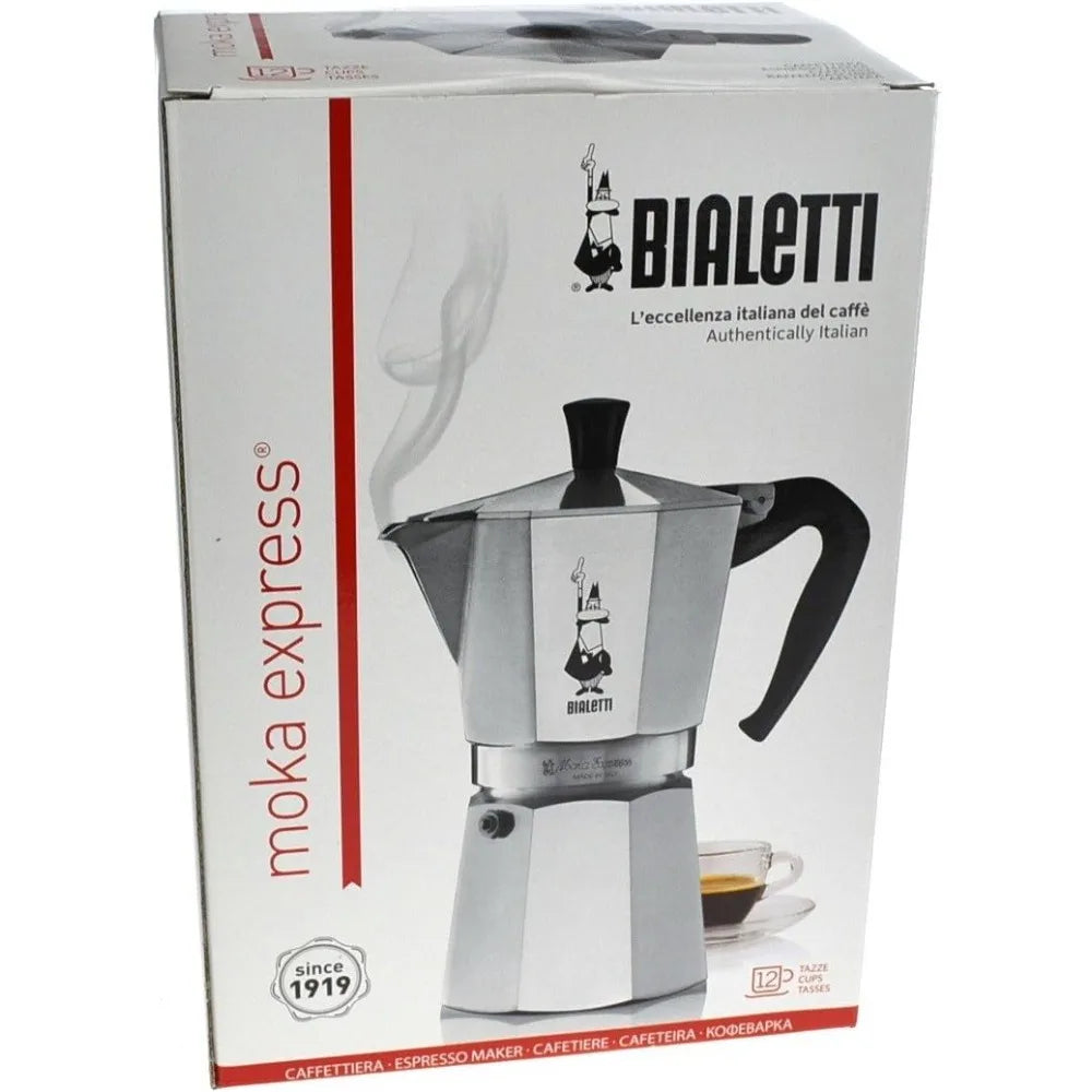 - Moka Express: Stovetop Espresso Maker, Makes Real Italian Coffee, Moka Pot 12 Cups (22 Oz - 670 Ml), Aluminium, Silver