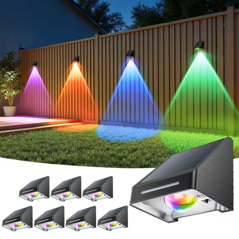 Solar Fence Lights Outdoor: Solar Powered Deck Light - 10 Lighting Modes with RGB - Waterproof IP65 - Led Lens Wall Decor for Garden Patio Backyard Porch