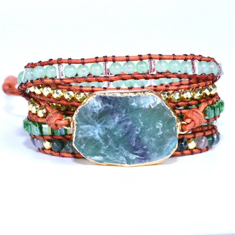 Natural  green Crystal Quartz Charm 5Strands Wrap Bracelets Handmade Boho Bracelet Women Leather Bracelet lovers jewelry gift