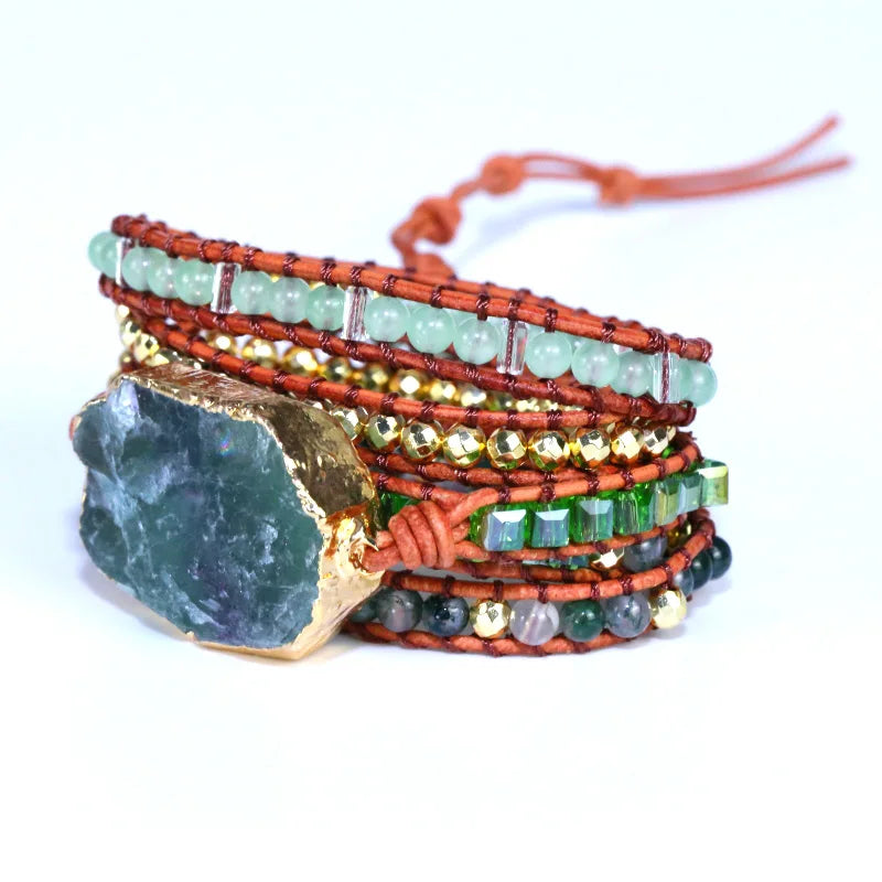 Natural  green Crystal Quartz Charm 5Strands Wrap Bracelets Handmade Boho Bracelet Women Leather Bracelet lovers jewelry gift