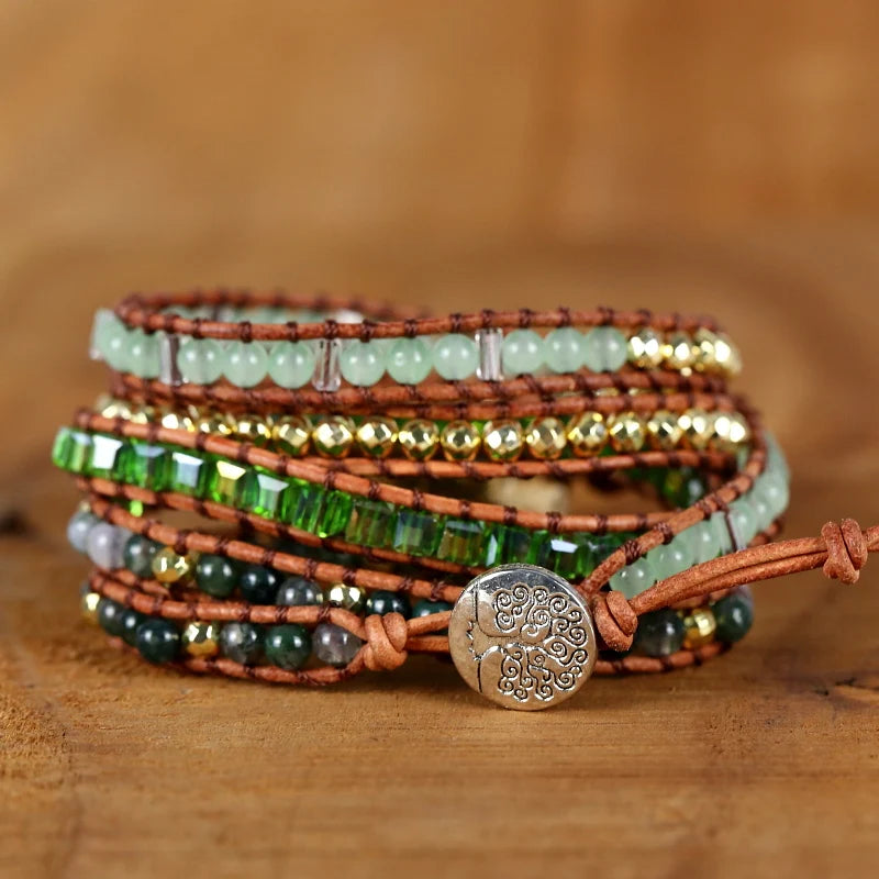 Natural  green Crystal Quartz Charm 5Strands Wrap Bracelets Handmade Boho Bracelet Women Leather Bracelet lovers jewelry gift