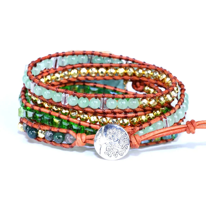 Natural  green Crystal Quartz Charm 5Strands Wrap Bracelets Handmade Boho Bracelet Women Leather Bracelet lovers jewelry gift