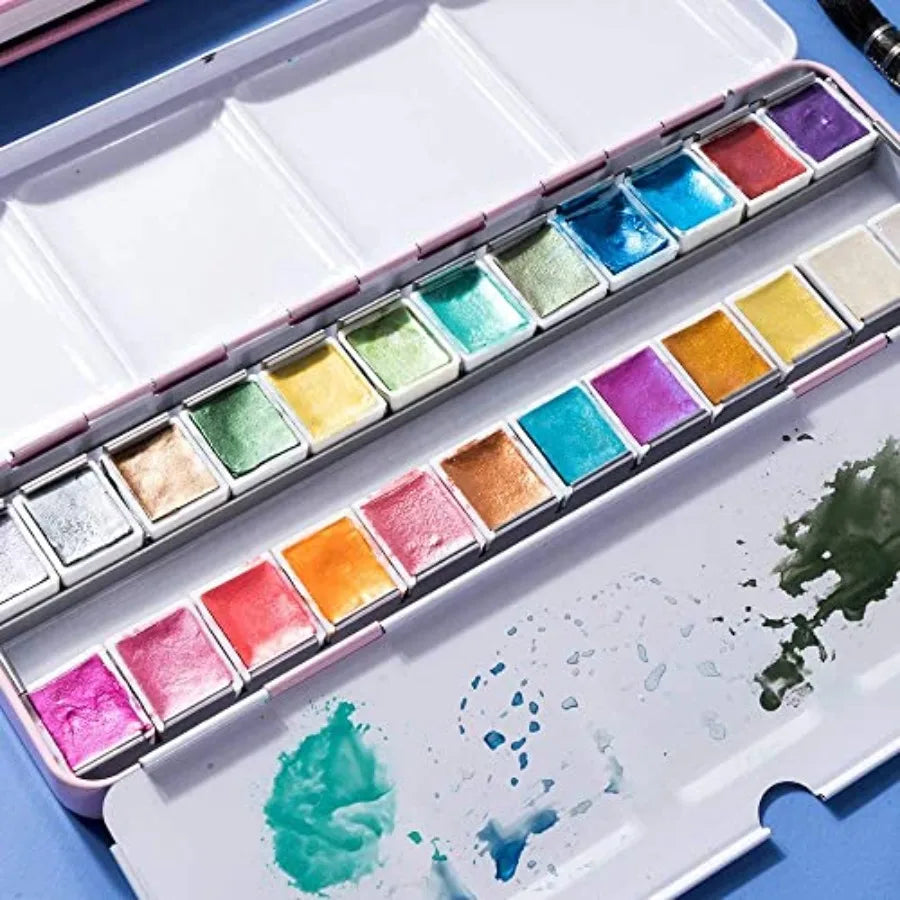 Watercolor Paint Artist Grade 24 Colors, Metallic Glitter Watercolor Paints Set Solid Cakes with Palette and Watercolor Journal