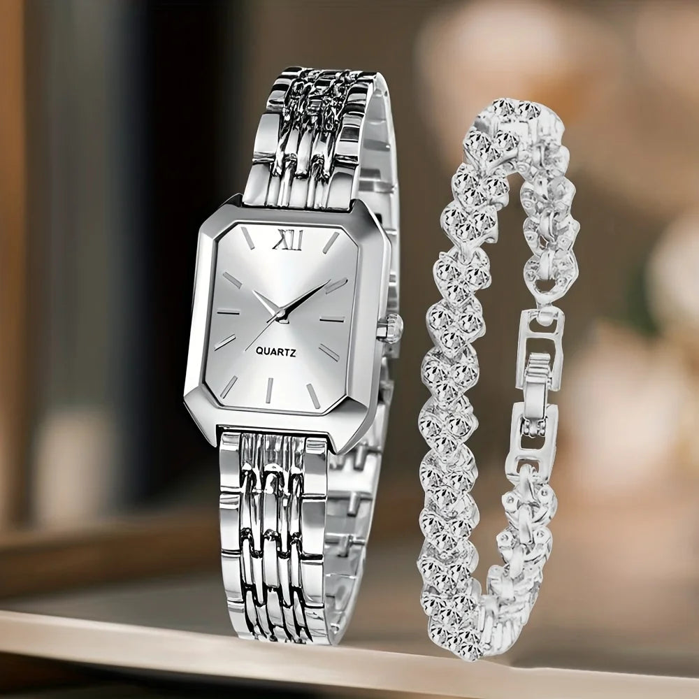Two Piece Rectangle Women Quartz Watch With Rhinestone Bracelet Set