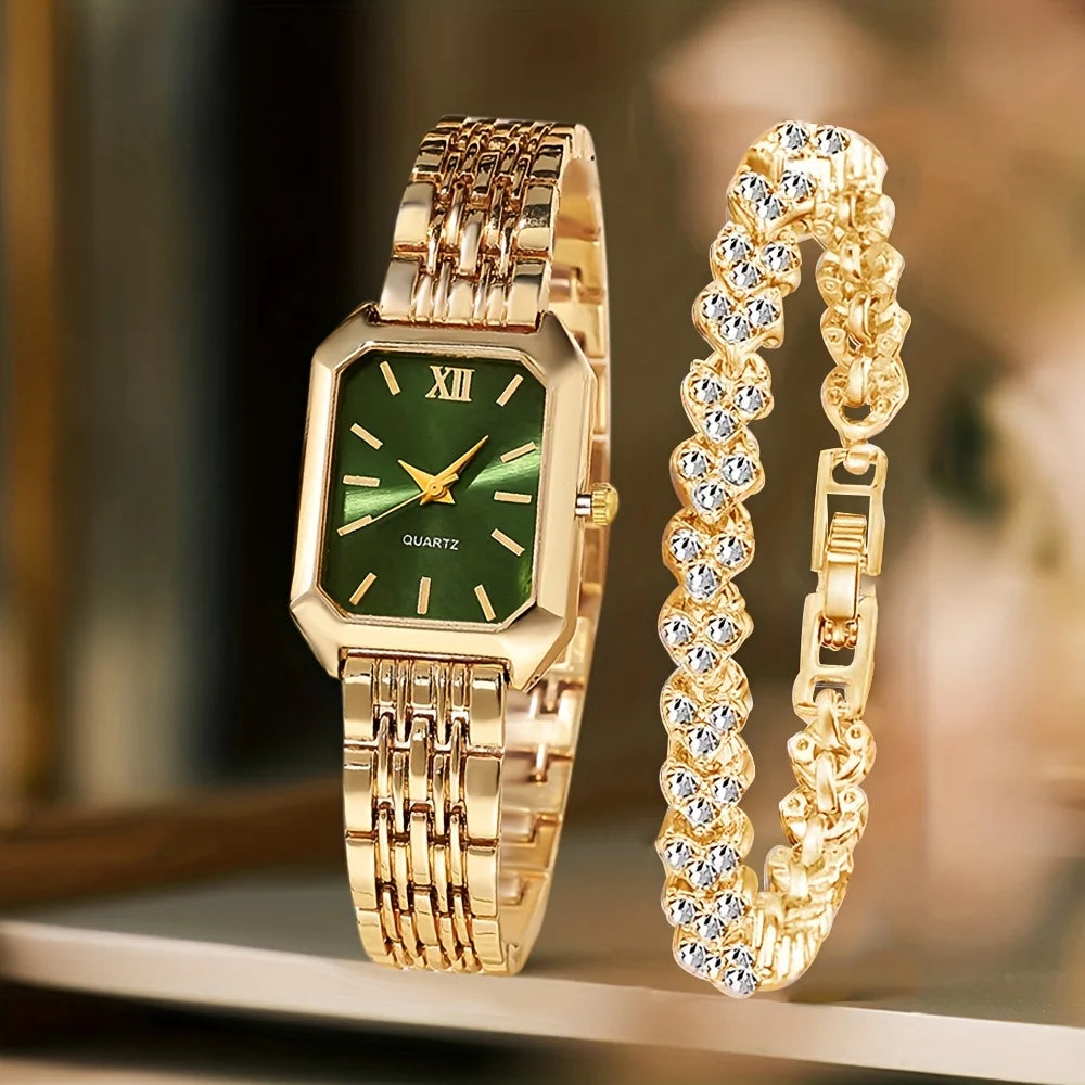 Two Piece Rectangle Women Quartz Watch With Rhinestone Bracelet Set