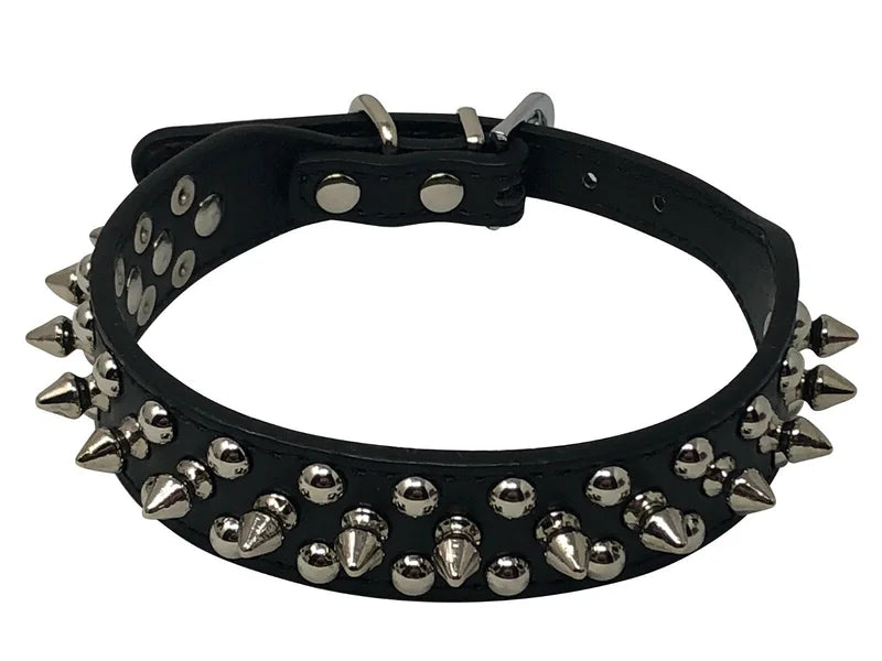 Adjustable Faux Leather Dog Collar With Studded Spikes And Rivets