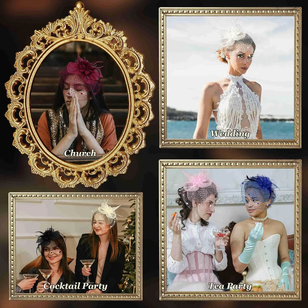Fascinators Hats For Women Tea Party Hat Feather Mesh Headband Vintage Lace Cocktail Headwear Veil Hair Clip Church