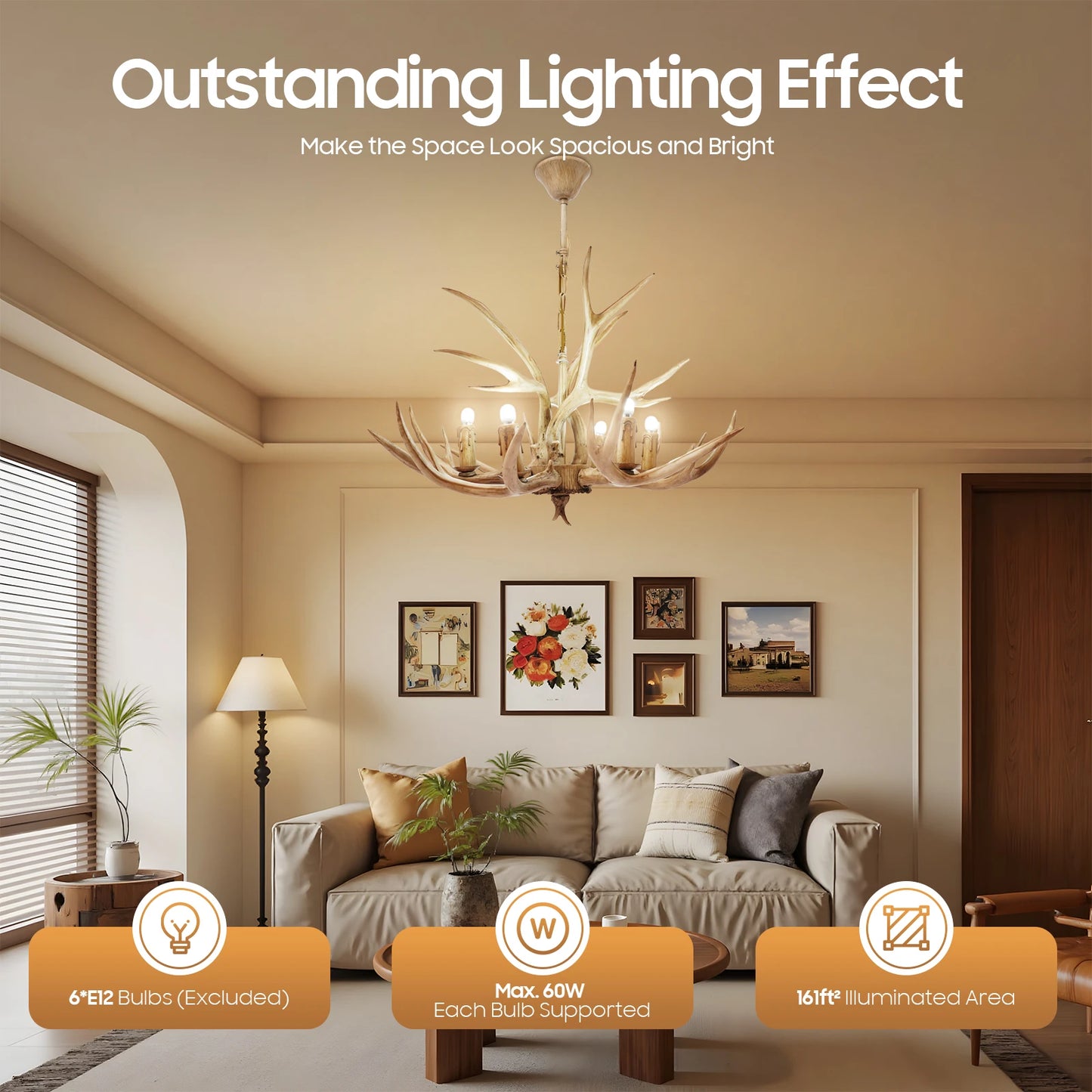 110V Resin Deer Antler Ceiling Light Retro Style Deer Chandelier 6 Lights for Dining Room Kitchen Hallway Bars Hotels