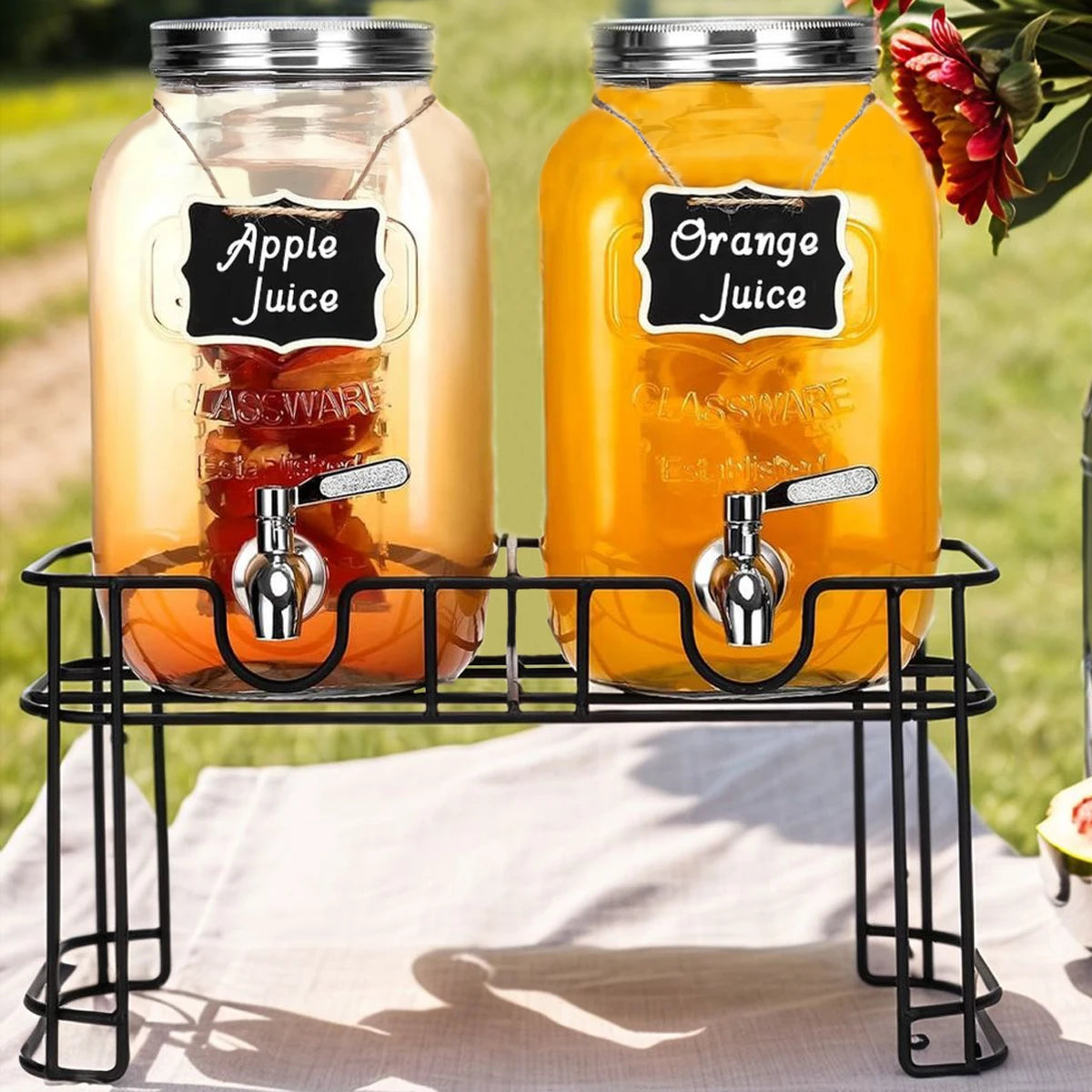 Two Pack Glass Drink Dispensers With Stand And Stainless Steel Faucet