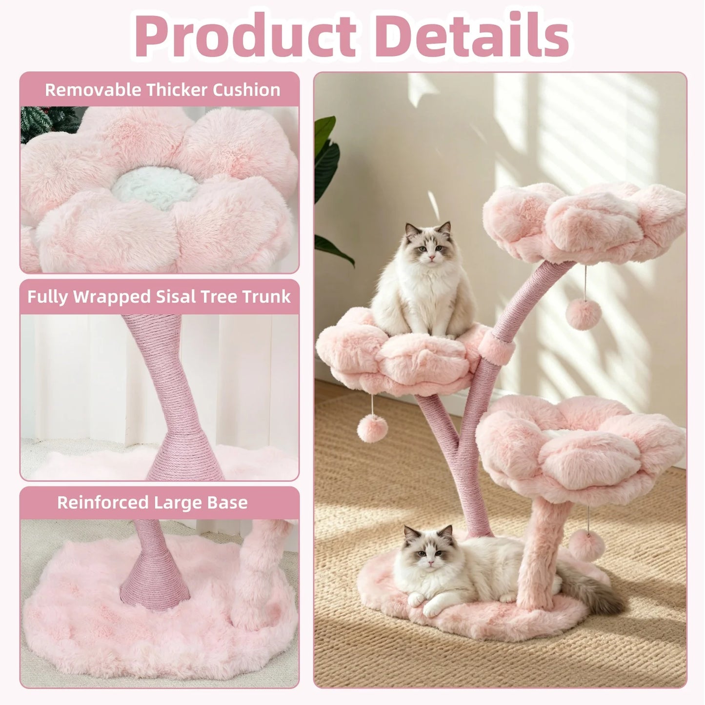 105cm Tall Cat Tree Pink Vertical Cat Tower Activity Center for Cats Cushioned Flower Platforms, Dangling Ball Scratching Posts Pet House Furniture