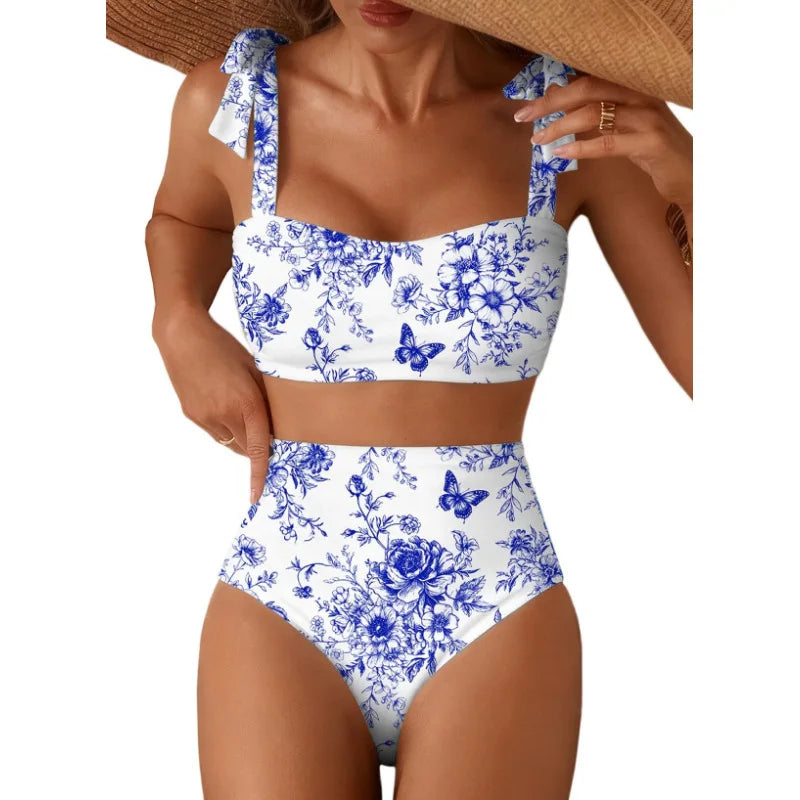Women's 2026 Two Piece Bikini Set Striped High Waist Tie Shoulder Swimsuit Summer Beachwear