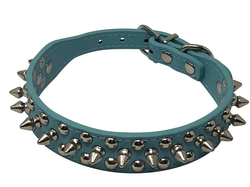 Adjustable Faux Leather Dog Collar With Studded Spikes And Rivets