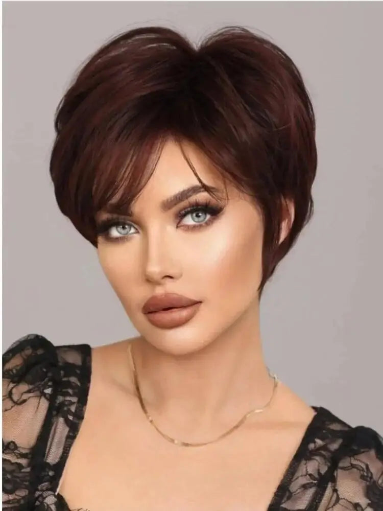 Short Elf cut wig suitable for black and white women's daily summer wig Short Deep Red Synthetic Wig with Bangs, 10 Inches
