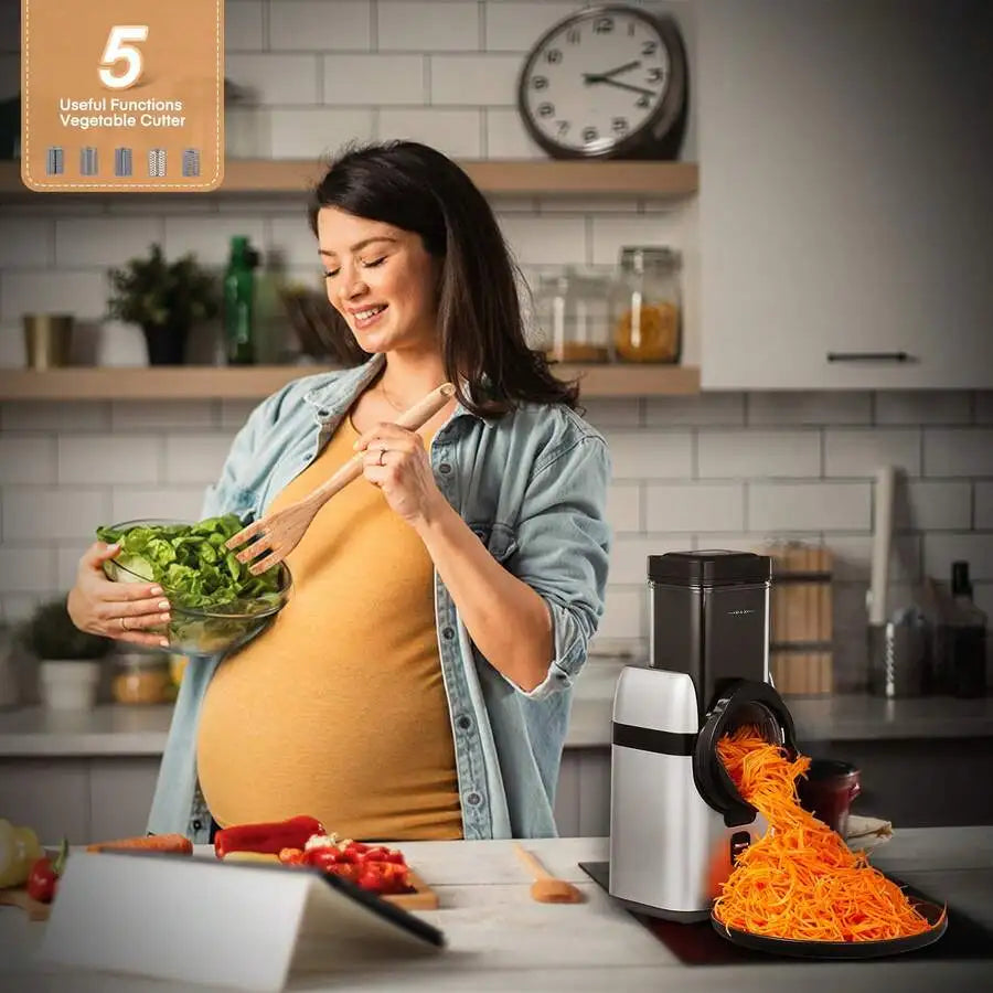 Electric Cheese Grater, Large Feed Chute Electric Grater Vegetable Shredder With Multi Replaceable Blades And Storage Box, 5 In