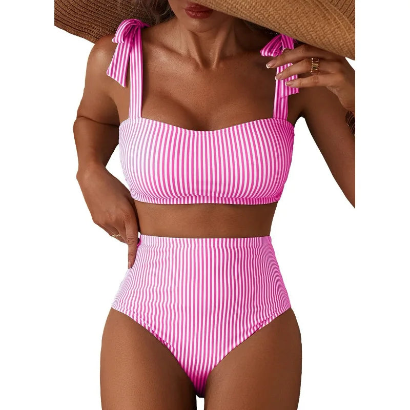 Women's 2026 Two Piece Bikini Set Striped High Waist Tie Shoulder Swimsuit Summer Beachwear