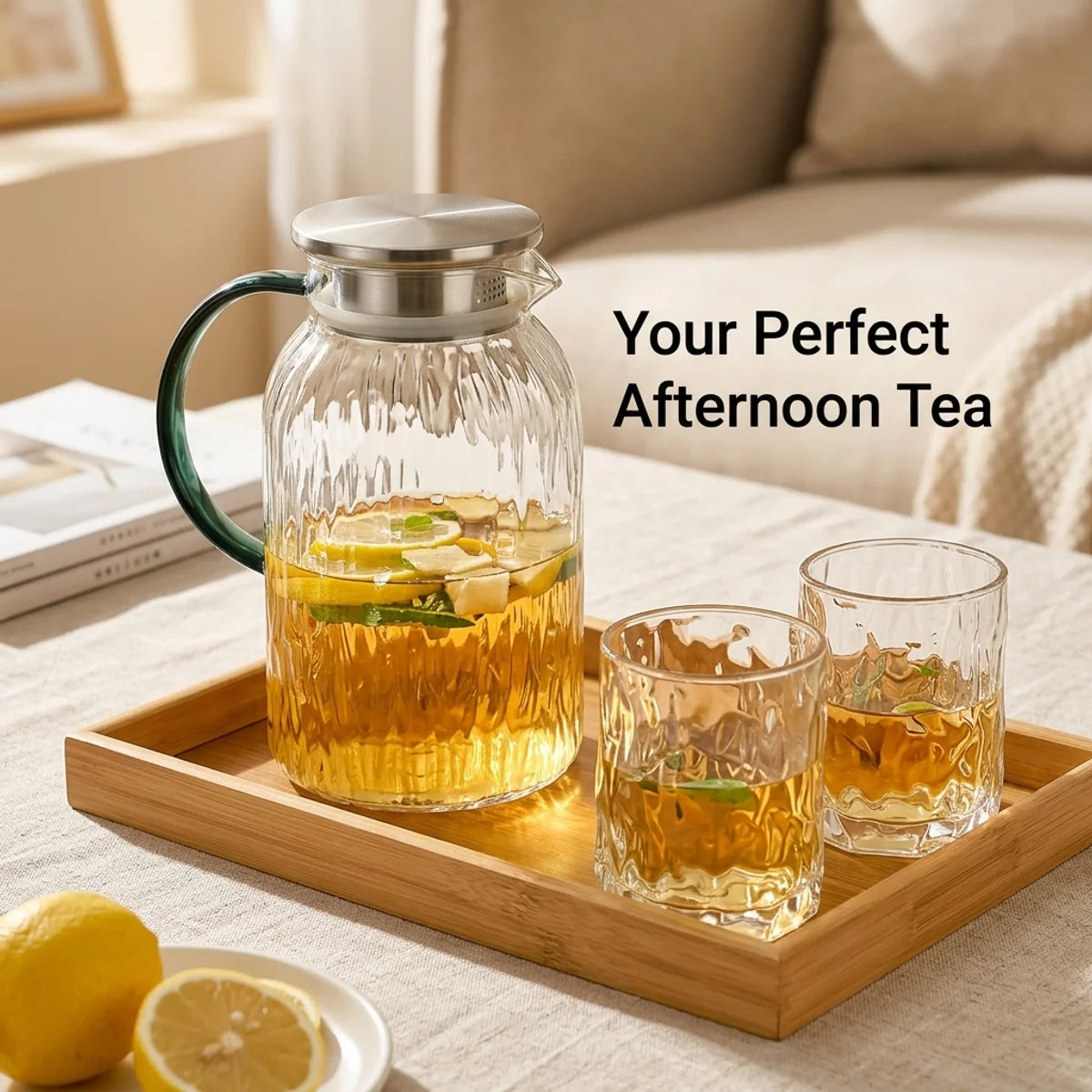 Premium Quality Glass Glacier Cold Water Pitcher,Sturdy Borosilicate Glass Jug for Fruit Tea,Refreshing Drinks–Relax and Enjoy