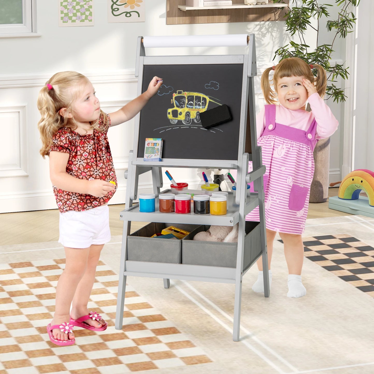 3-in-1 Art Easel for Kids w/ Magnetic Chalkboard & Whiteboard Paper Roll