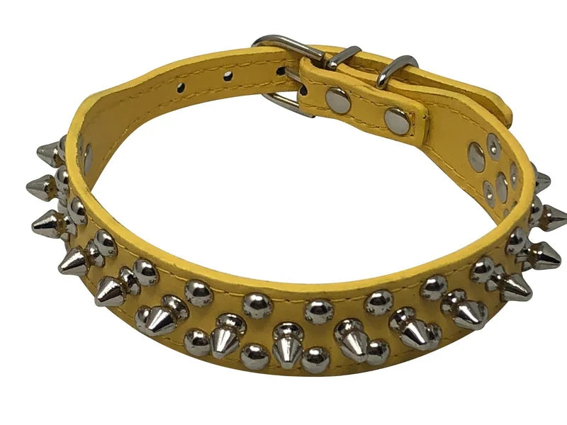 Adjustable Faux Leather Dog Collar With Studded Spikes And Rivets