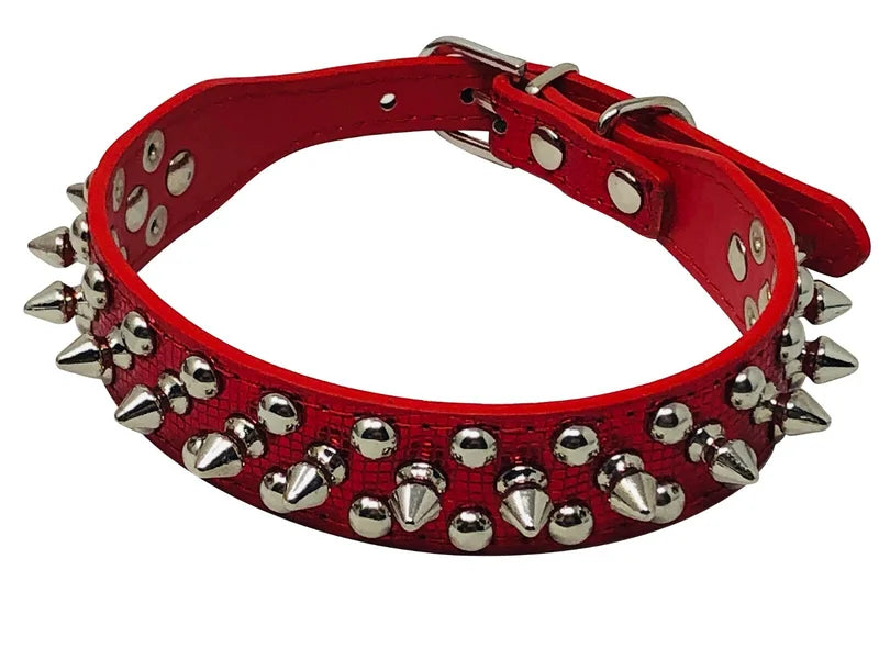 Adjustable Faux Leather Dog Collar With Studded Spikes And Rivets