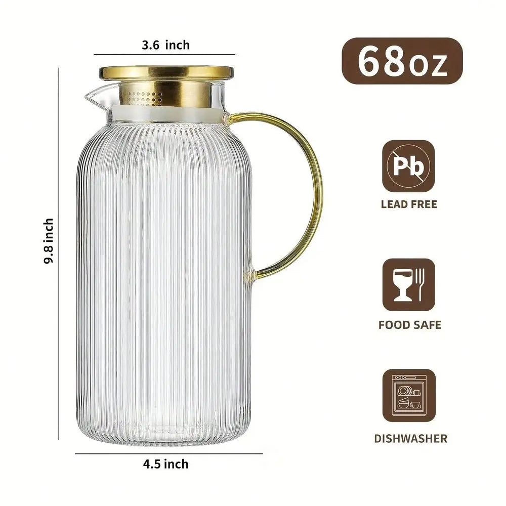 Glass Pitcher Set With Lid, 68oz Classic Vertical Stripes Water Pitcher, For Cold Brew, Coffee, Lemonade, Iced Sun Tea, Beverag