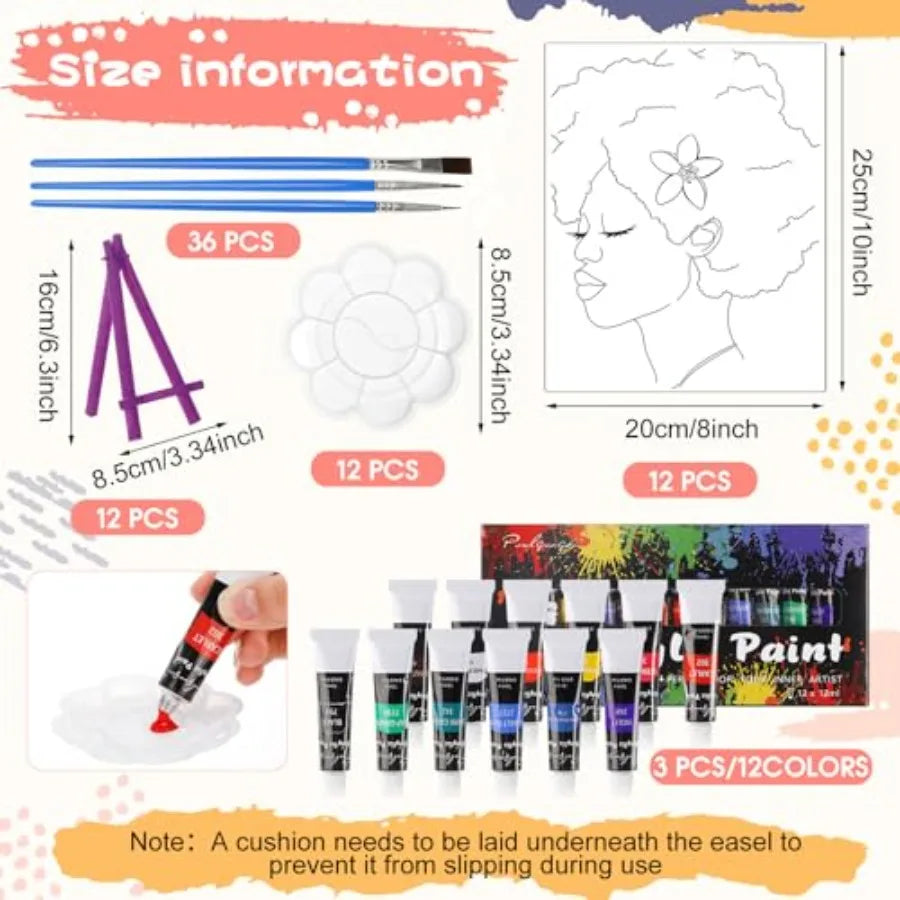 108 Pcs 12 Set Sip and Paint Kit for Adults 8''x10'' Pre Drawn Canvas to Paint DIY Acrylic Painting Kit Pre Printed Canvas for