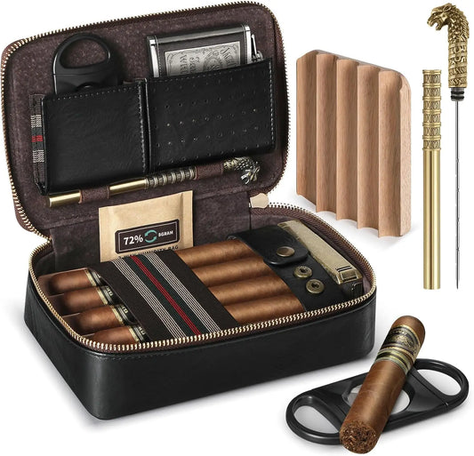 Cigar Humidor, Leather Travel Cigar Case, With Cigar Draw Enhancer and Multifunction Cigar Cutter, Cigar Accessories Gift Set