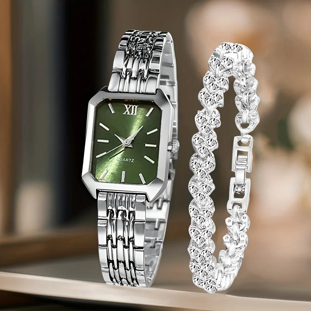 Two Piece Rectangle Women Quartz Watch With Rhinestone Bracelet Set