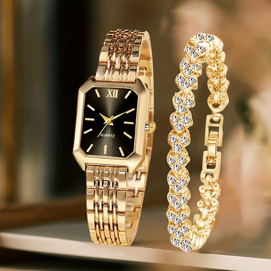 Two Piece Rectangle Women Quartz Watch With Rhinestone Bracelet Set