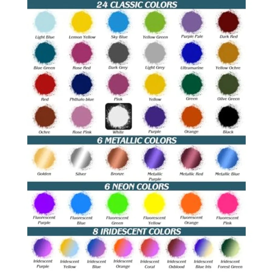 Airbrush Paint,,Airbrush Paint Set Includes Iridescent and Metallic and Neon and Classic Colors, Water-Based Air Brush Paints A
