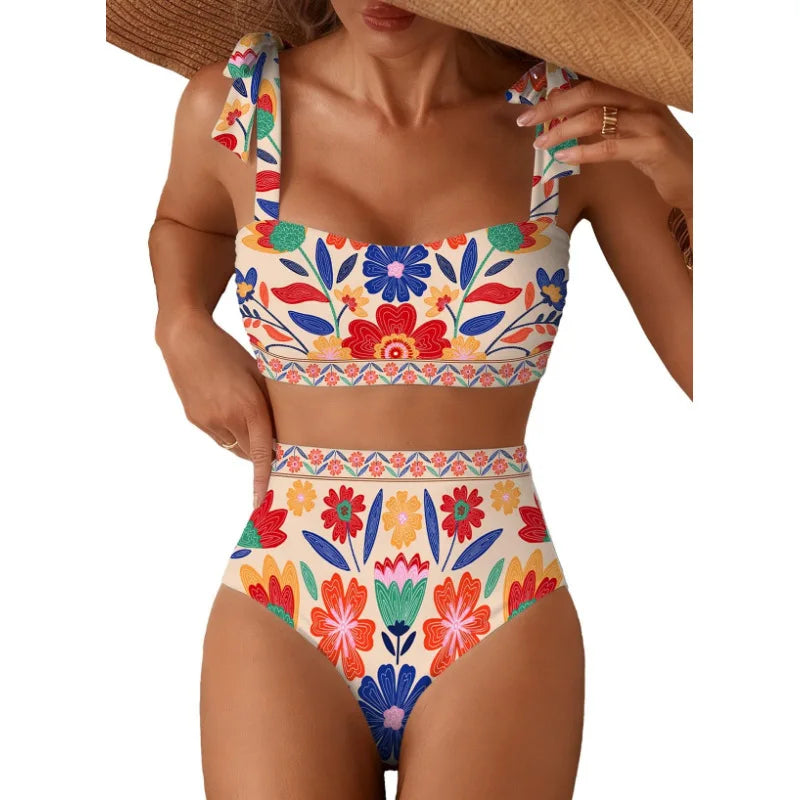 Women's 2026 Two Piece Bikini Set Striped High Waist Tie Shoulder Swimsuit Summer Beachwear