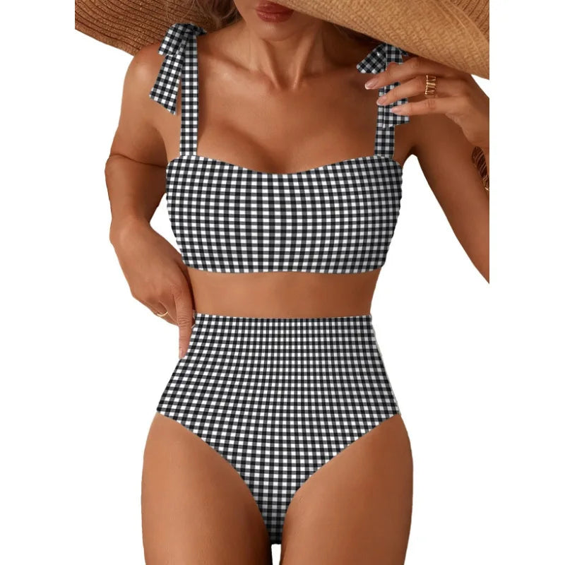 Women's 2026 Two Piece Bikini Set Striped High Waist Tie Shoulder Swimsuit Summer Beachwear