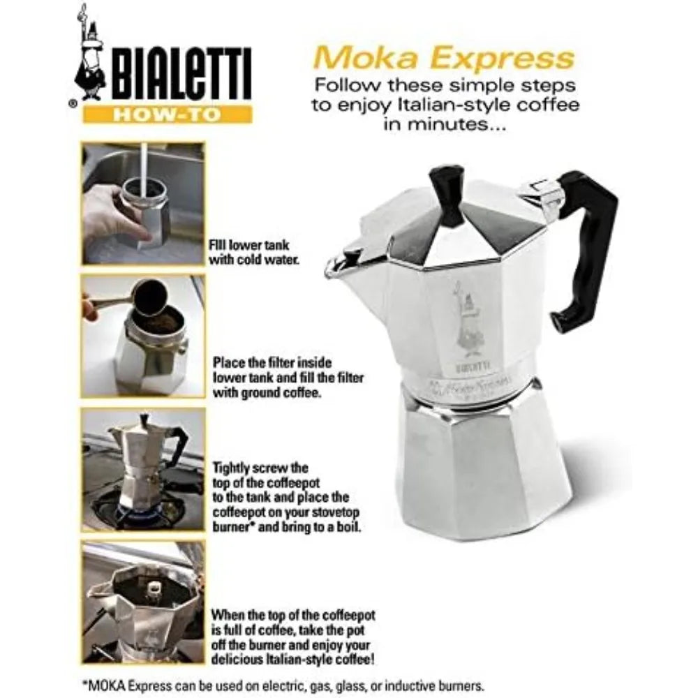 - Moka Express: Stovetop Espresso Maker, Makes Real Italian Coffee, Moka Pot 12 Cups (22 Oz - 670 Ml), Aluminium, Silver