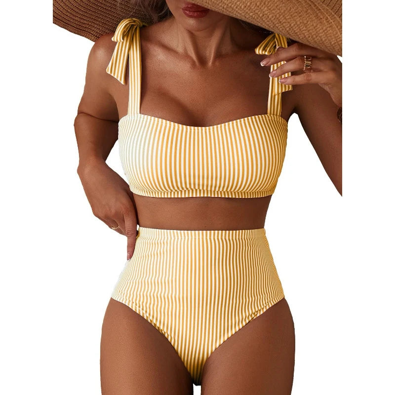 Women's 2026 Two Piece Bikini Set Striped High Waist Tie Shoulder Swimsuit Summer Beachwear