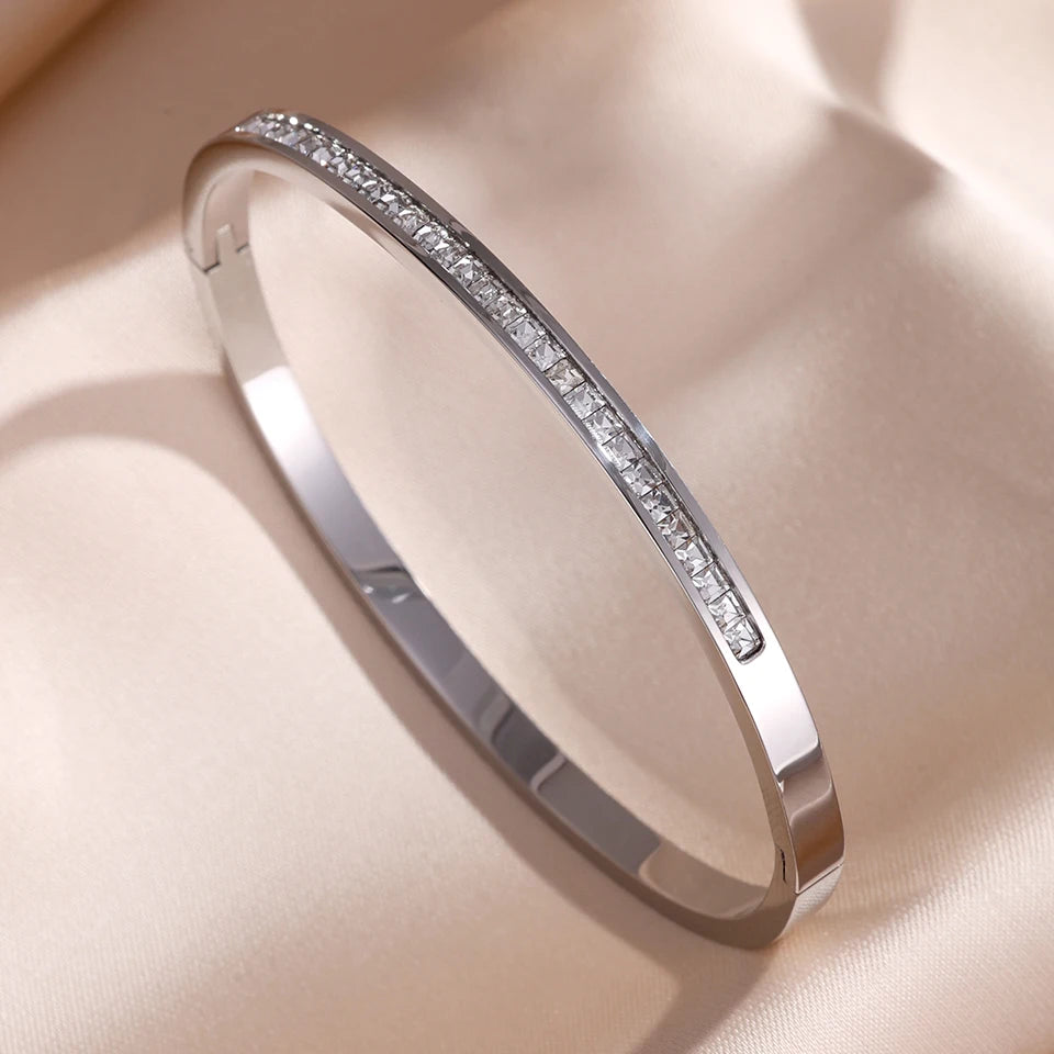 Stainless Steel Cubic Zirconia Stackable Bracelet Set For Women