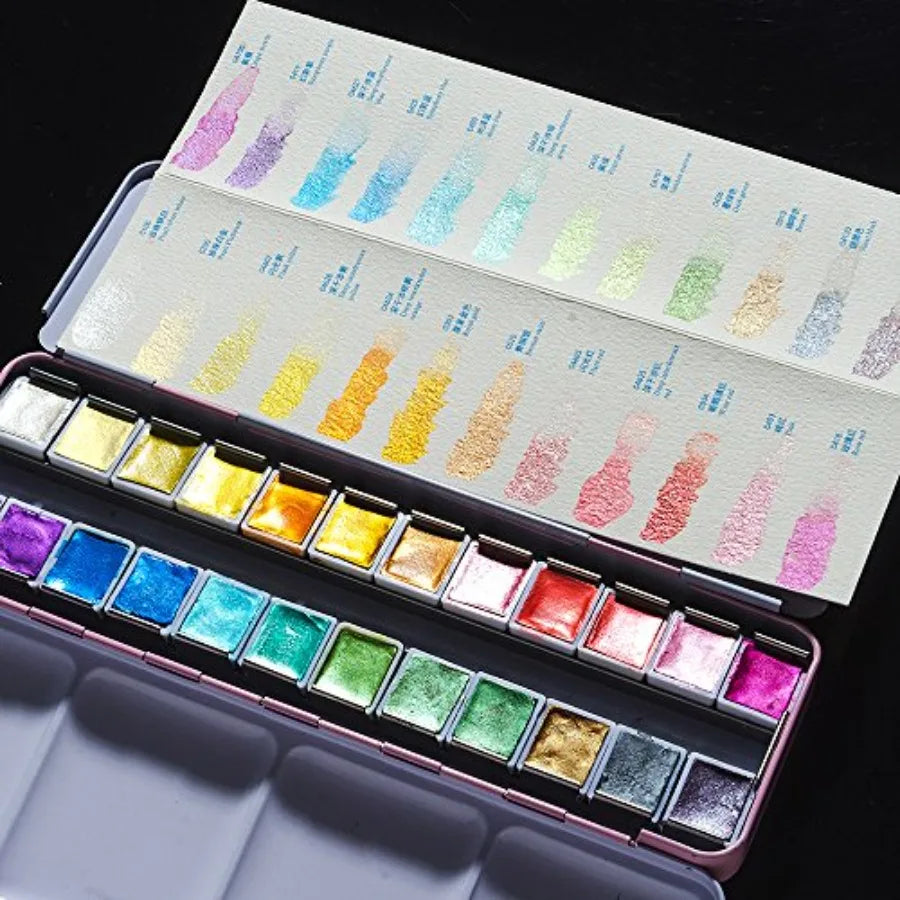 Watercolor Paint Artist Grade 24 Colors, Metallic Glitter Watercolor Paints Set Solid Cakes with Palette and Watercolor Journal