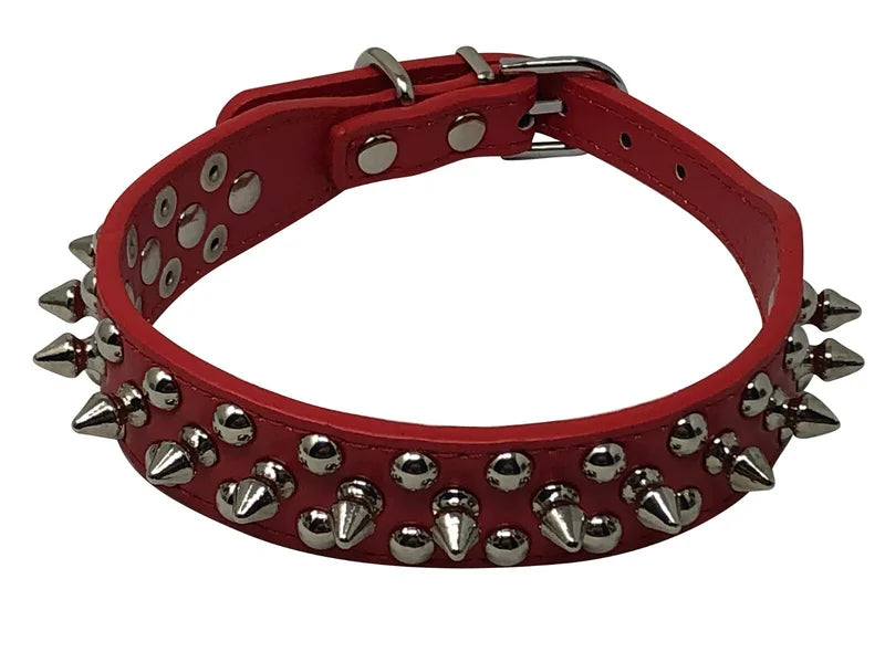 Adjustable Faux Leather Dog Collar With Studded Spikes And Rivets