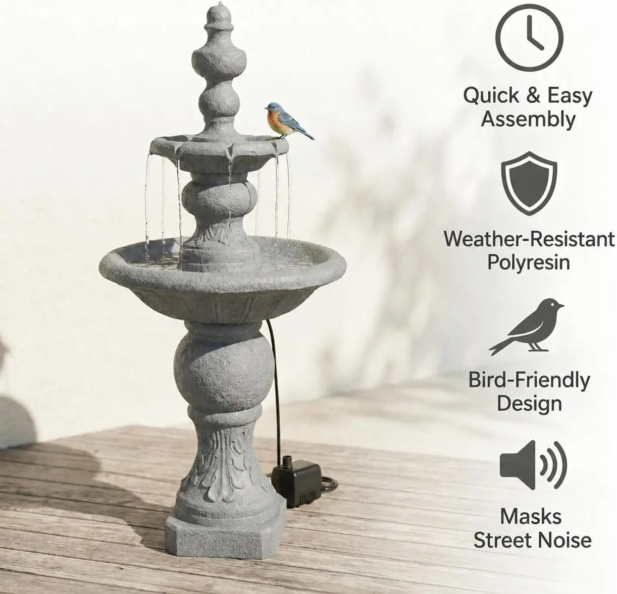 52.56 in. Outdoor Two-Tier Water Fountain with Realistic ICY Stone Texture for Outdoor Living Spaces Creating a Calming Oasis