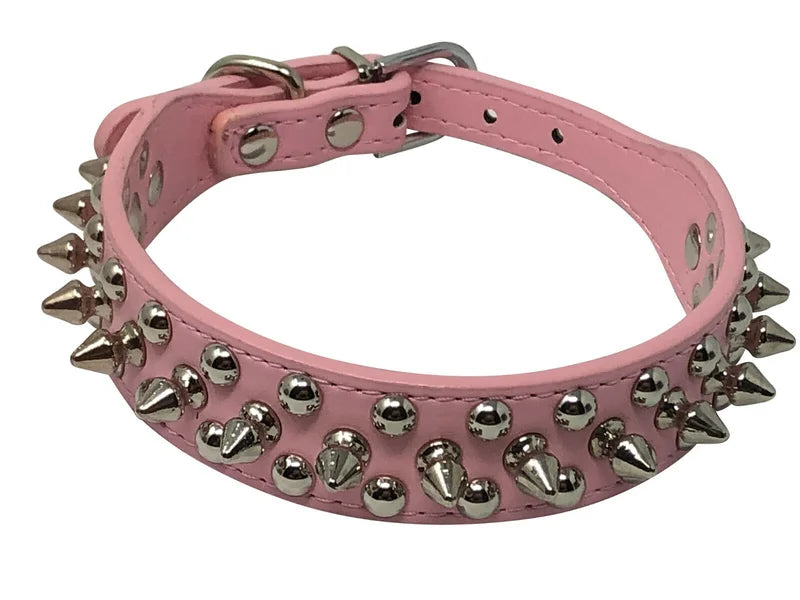 Adjustable Faux Leather Dog Collar With Studded Spikes And Rivets