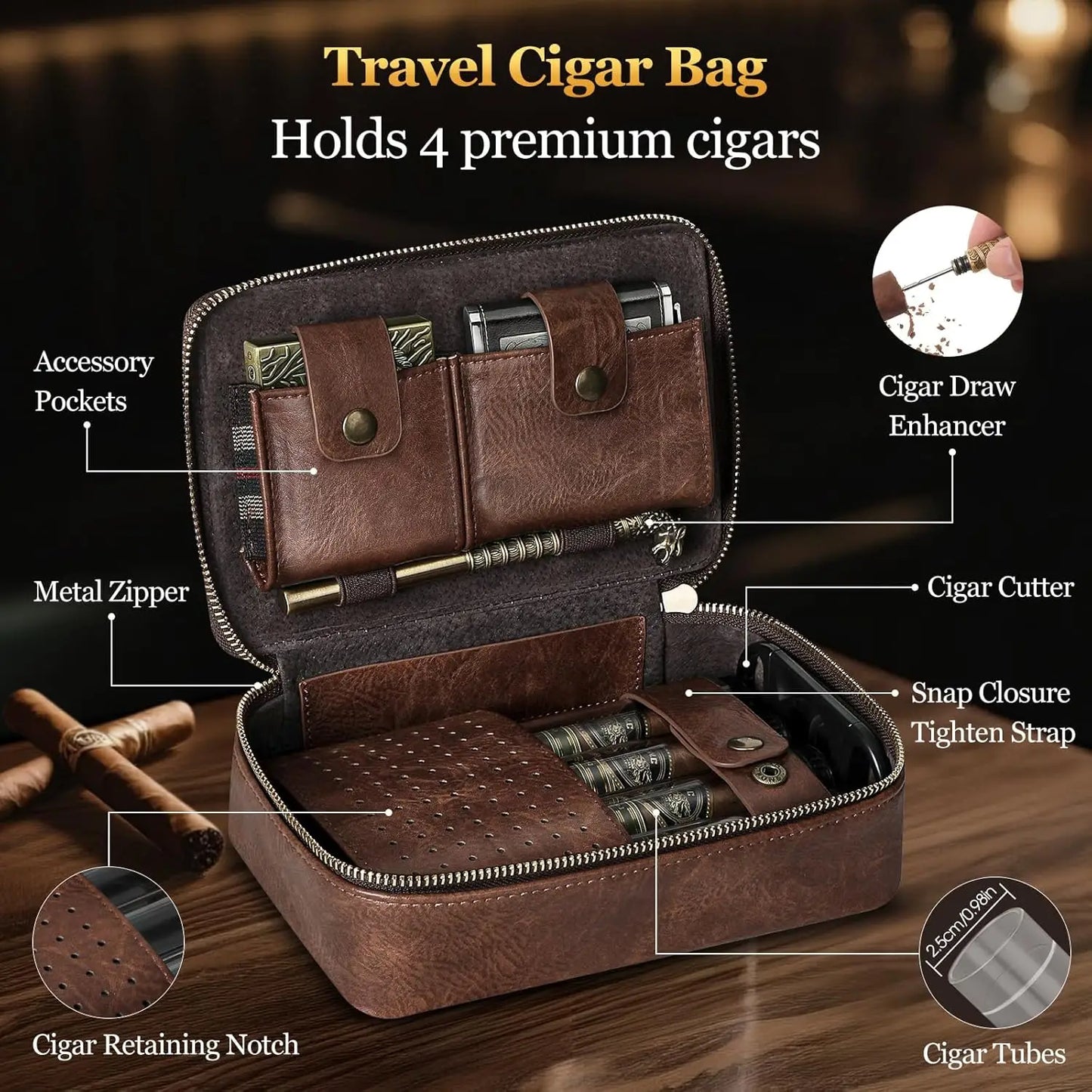 Cigar Humidor, Leather Travel Cigar Case, With Cigar Draw Enhancer and Multifunction Cigar Cutter, Cigar Accessories Gift Set