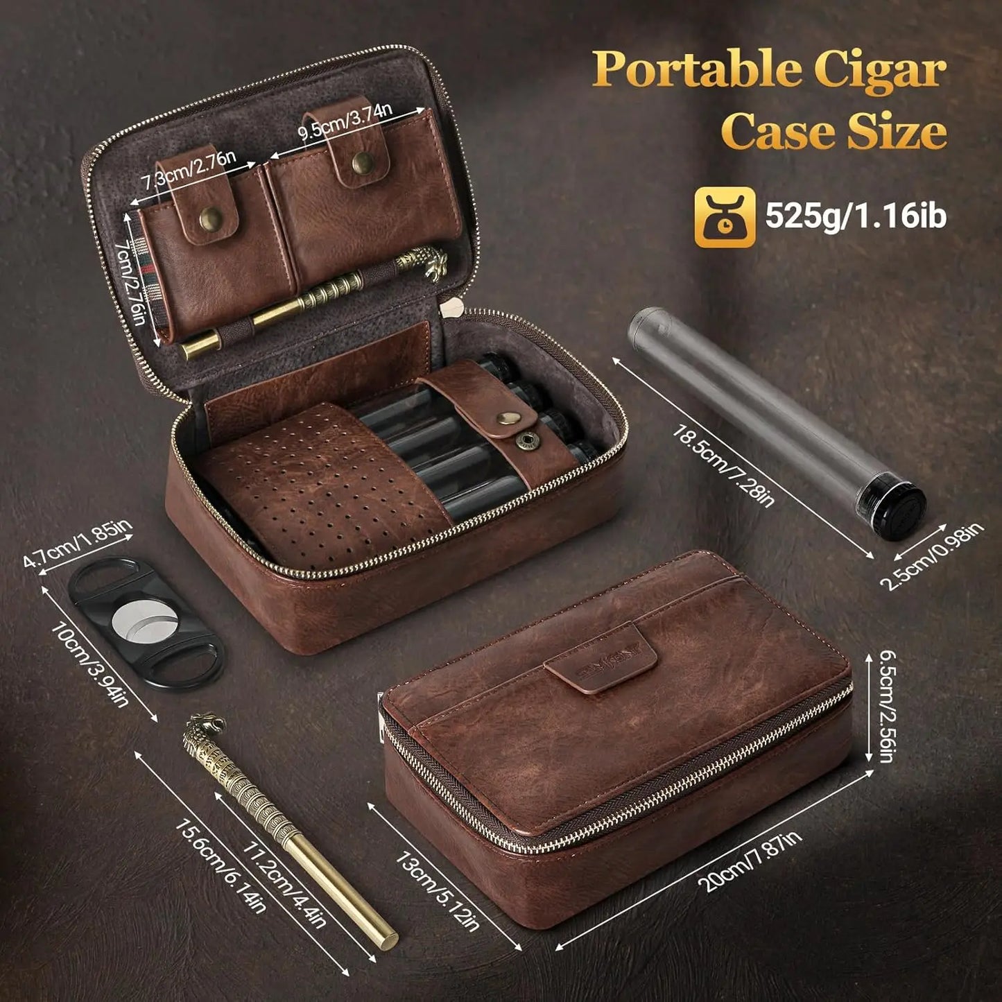 Cigar Humidor, Leather Travel Cigar Case, With Cigar Draw Enhancer and Multifunction Cigar Cutter, Cigar Accessories Gift Set