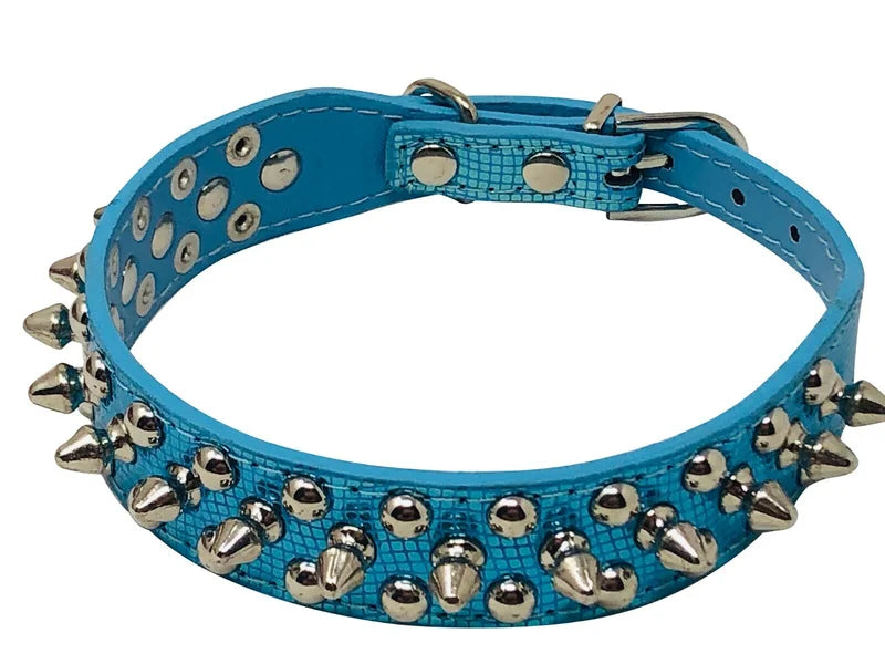 Adjustable Faux Leather Dog Collar With Studded Spikes And Rivets