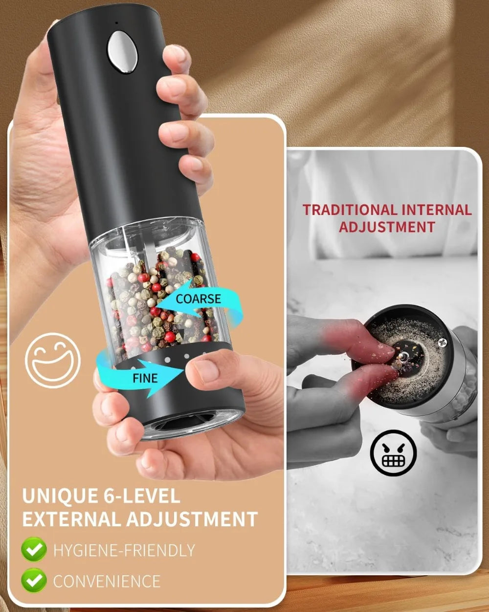 Electric Salt And Pepper Grinder Set With Usb Rechargeable Base And Led Light, Adjustable Coarseness