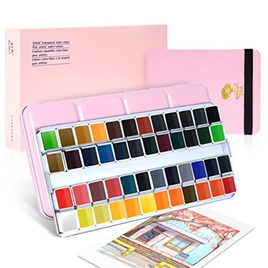 Watercolor Paint Artist Grade 24 Colors, Metallic Glitter Watercolor Paints Set Solid Cakes with Palette and Watercolor Journal
