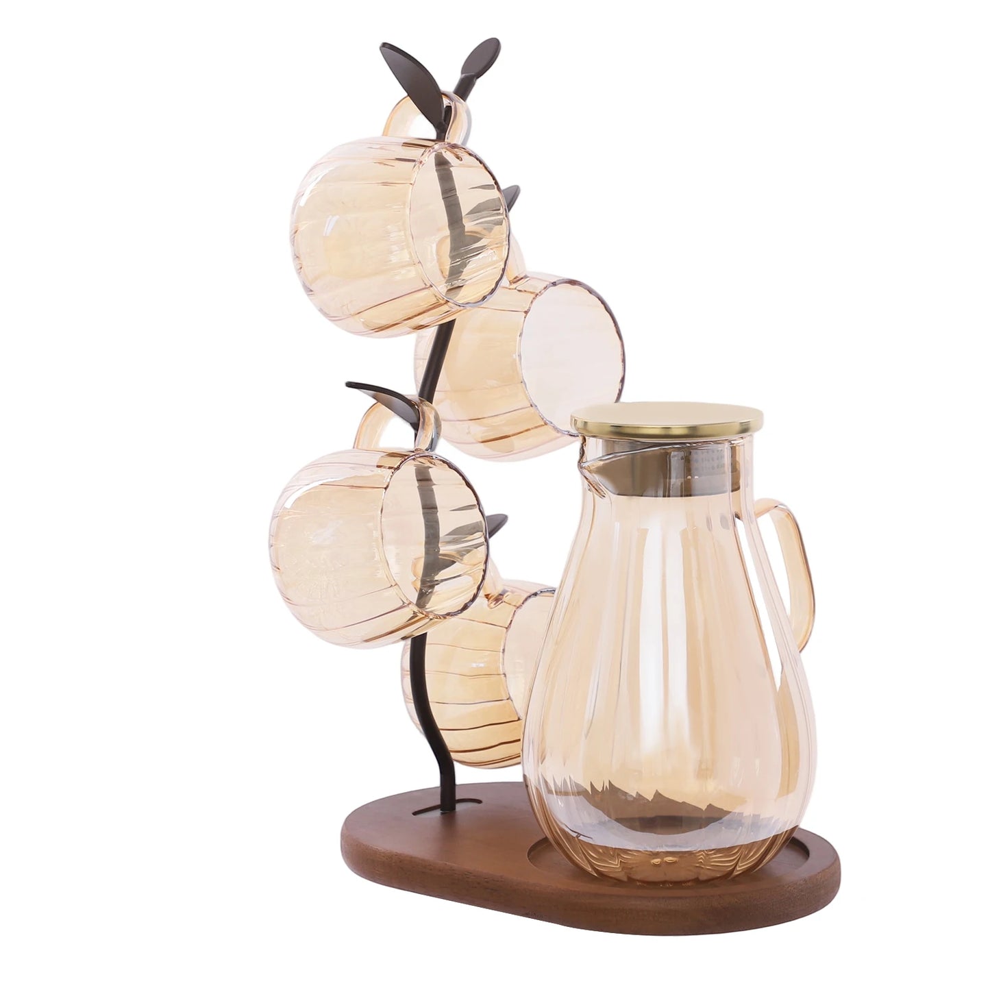 Borosilicate Glass Pitcher Set With 4 Cups And Wooden Rack